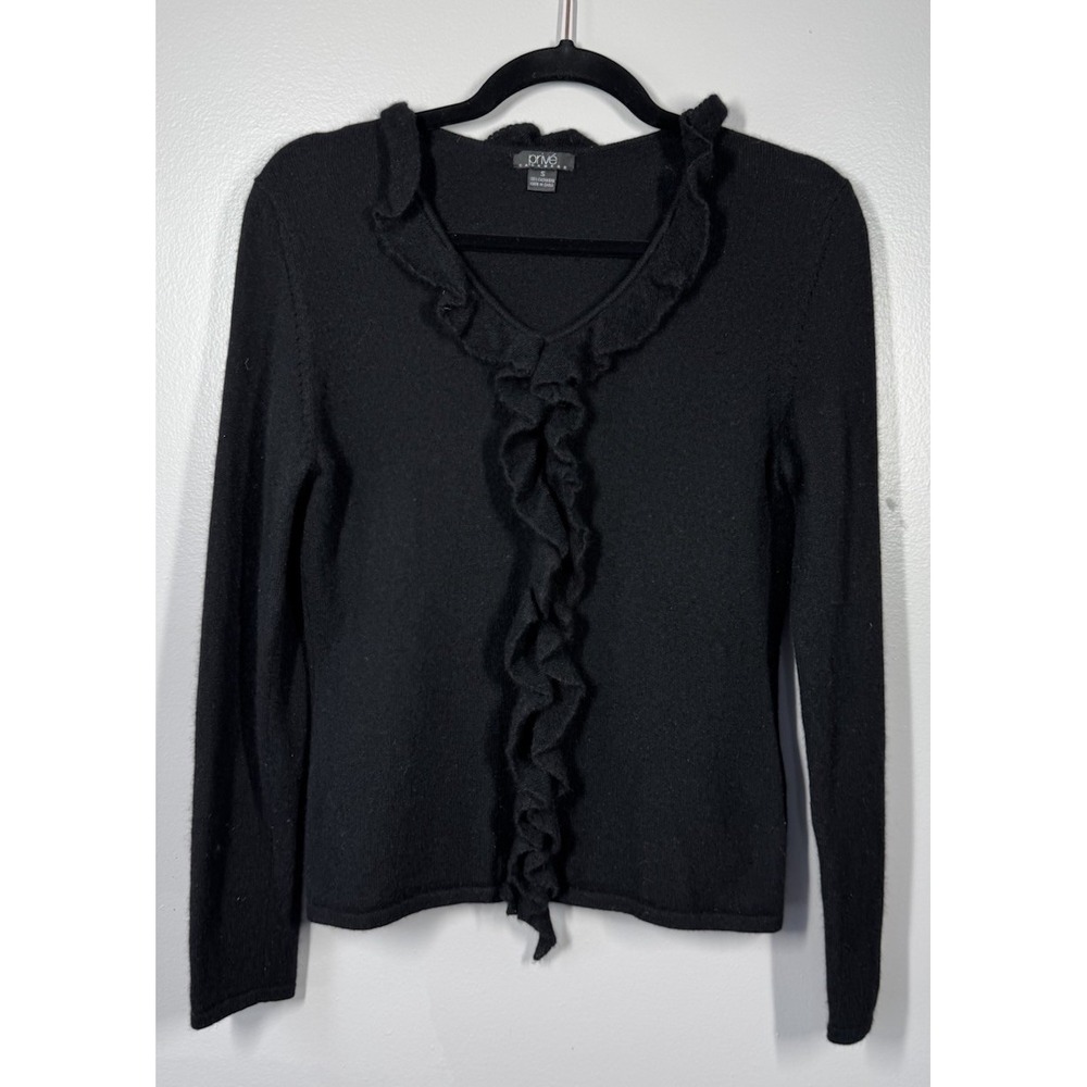 Prive 100% Cashmere V Neck Ruffle Sweater Women's Small Black Pristine Soft Luxe